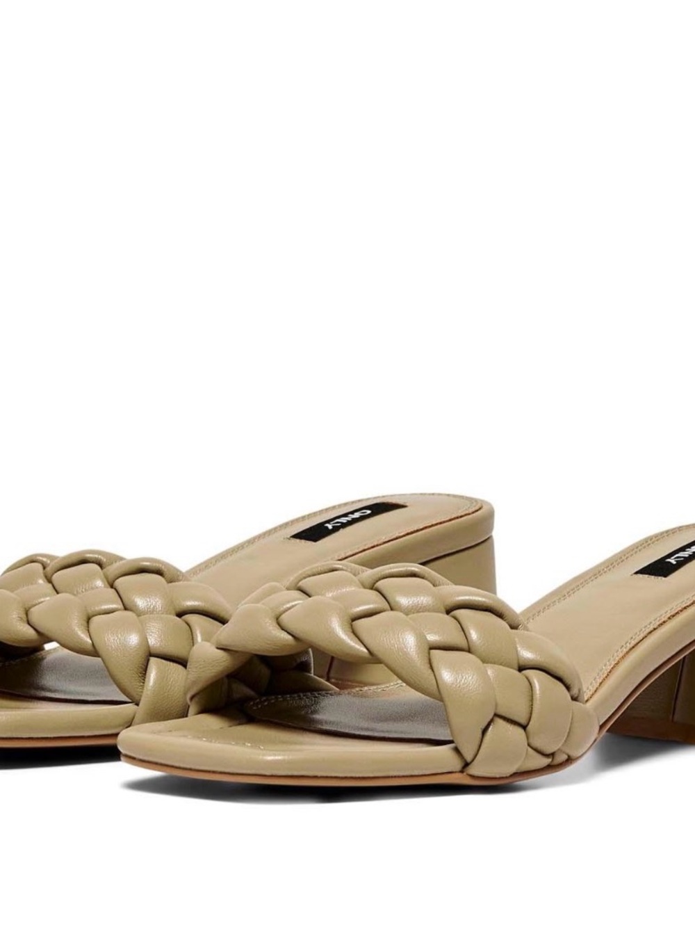 ONLY Braided Leather Slide Mule Heels in Beige/olive green